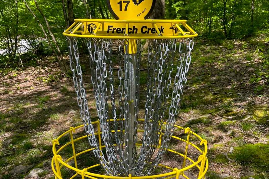 The basket of hole 17 at French Creek Disc Golf Course